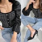 Square-neck Puff-sleeve Knit Panel Blouse