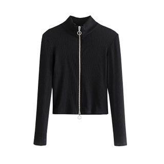 Long-sleeve Stand-collar Zip Cropped T-shirt