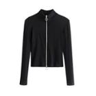 Long-sleeve Stand-collar Zip Cropped T-shirt
