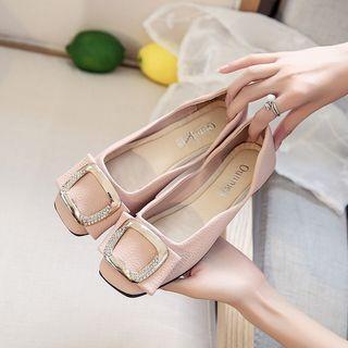 Square-toe Crystal Buckle-accent Flats