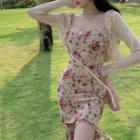 Floral Side-slit Suspender Skirt / Ruffle Long-sleeve Cardigan