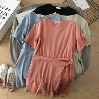 Short-sleeve Sashed Plain Dress