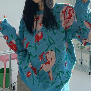 Floral Pattern Jacquard Sweater Floral - Blue - One Size