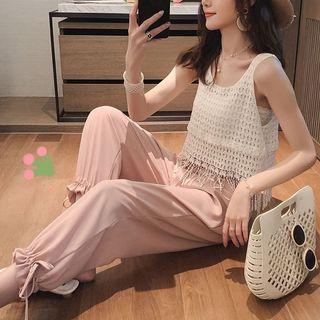 Sleeveless Open Knit Top + Drawstring Pants