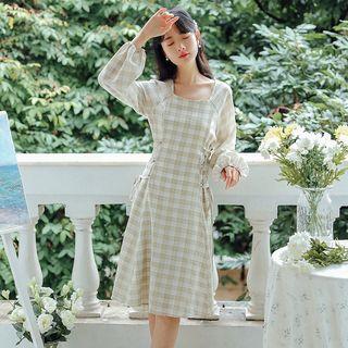 Plaid Square Neck Long-sleeve Dress