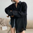 Long-sleeve Loose-fit Lapel Plain Shirt Black - One Size