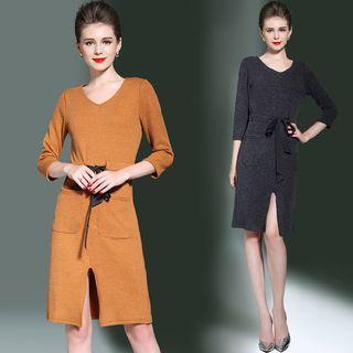 Drawstring Waist Slit-front Knit Dress