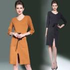 Drawstring Waist Slit-front Knit Dress