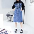 Mock Two-piece Denim Panel Midi Hoodie Dress