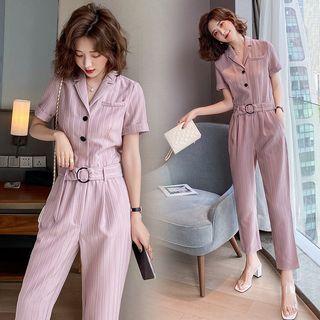 Short-sleeve Notch Lapel Striped Straight Leg Jumpsuit