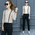 Set: Stand Collar Long Sleeve Blouse + Tapered Pants