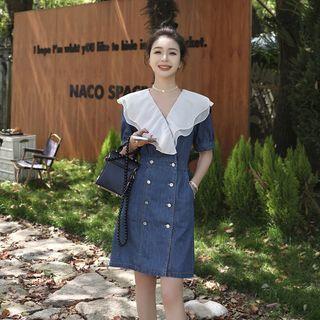 Short-sleeve Double-breasted Denim Mini Shirt Dress