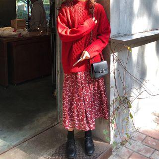 Set: Floral Long-sleeve Midi A-line Dress + Cardigan