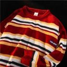 Long-sleeve Striped Round-neck Sweater Red - One Size