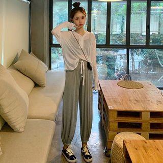 Hooded Long-sleeve T-shirt / Drawstring Cropped Harem Pants