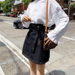 Set: Short-sleeve T-shirt + Leopard Print A-line Skirt Top - Black - One Size / Skirt - Leopard - Brown - One Size