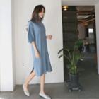 Elbow-sleeve Knit Dress With Sash