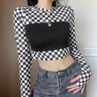 Plaid Contrast Round Neck Long Sleeve Skinny Cropped Top