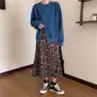 Slit Pullover / Leopard Midi A-line Skirt