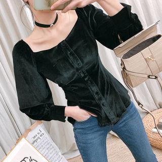Square-neck Velvet Peplum Blouse