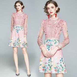Long-sleeve Floral Print Lace Panel Mini Dress