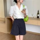Puff-sleeve Plain Shirt / High-waist Plain Shorts