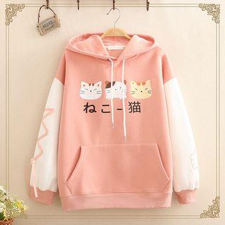 Cat Print Color-block Sleeve Hoodie