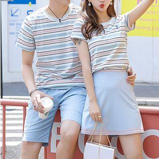 Short-sleeve Striped Couple Matching T-shirt / A-line Skirt / Shorts