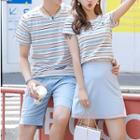 Short-sleeve Striped Couple Matching T-shirt / A-line Skirt / Shorts