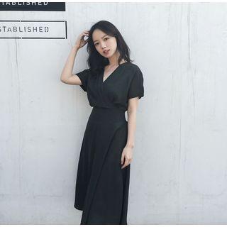 Gathered-waist V-neck Plain Sheath Dress