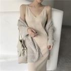 Open Front Cardigan / Sleeveless V-neck Midi Knit Dress