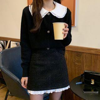 Lace Trim Collared Cardigan / Mini Skirt