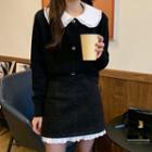 Lace Trim Collared Cardigan / Mini Skirt