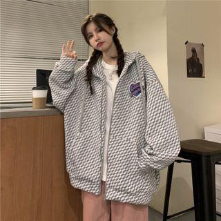 Letter Embroidered Checkered Hooded Zip Jacket