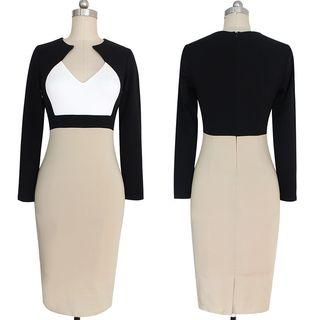 Long-sleeve Contrast Panel Sheath Dress