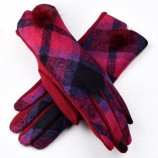 Pompom-accent Check Gloves