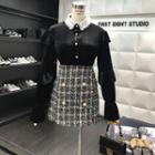 Set: Lace Trim Velvet Shirt + Double Breasted Tweed Skirt