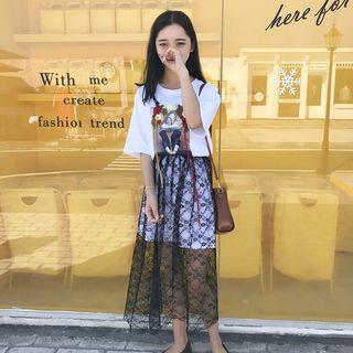 Set: Short-sleeve Printed T-shirt Dress + Lace Skirt