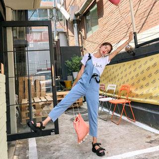 Contrast-strap Dual-pocket Overall Jeans