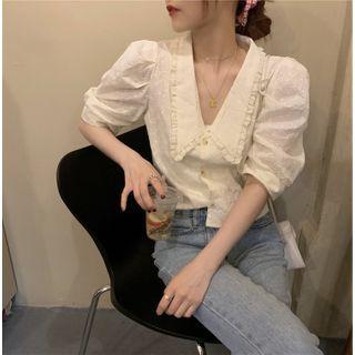 Elbow-sleeve Lace Blouse / Floral Print Mini A-line Skirt / Set