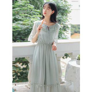 Pinstriped Flared-sleeve Midi Shift Dress