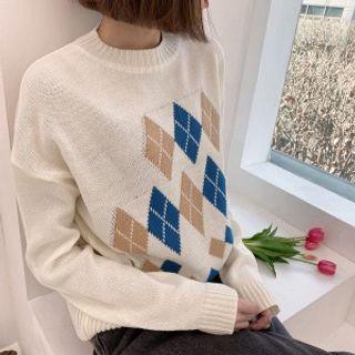 Crewneck Argyle Sweater Ivory - One Size