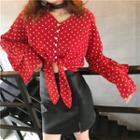 Polka Dot Tie-front Bell-sleeve Blouse