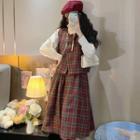 Round Neck Plaid Double-breasted Vest / Ruffle Trim Stand-collar Shirt / Midi A-line Skirt