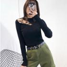 Long-sleeve Cut Out Knit Top Black - One Size