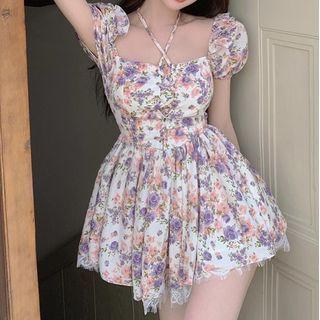 Puff-sleeve Floral Halter-neck Mini Dress