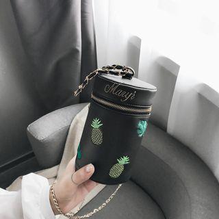 Faux Leather Embroidered Cylinder Crossbody Bag