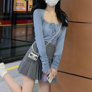 Long-sleeve Ruched Panel Top / Gray Accordion Pleat Skirt