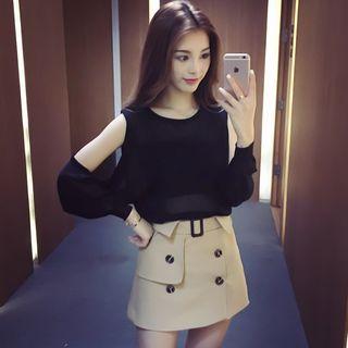 Set: Cutout Long-sleeve Knit Top + Double-breasted A-line Skirt
