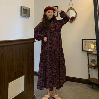 Plain Long-sleeve T-shirt / Flower Print Long-sleeve Midi Shift Dress